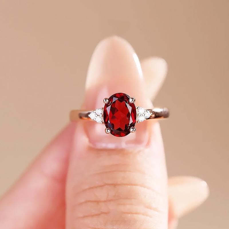 Inel pentru femei placat cu aur roz, cu granat natural imitație, inel viu cu comoară colorată de lux ușor