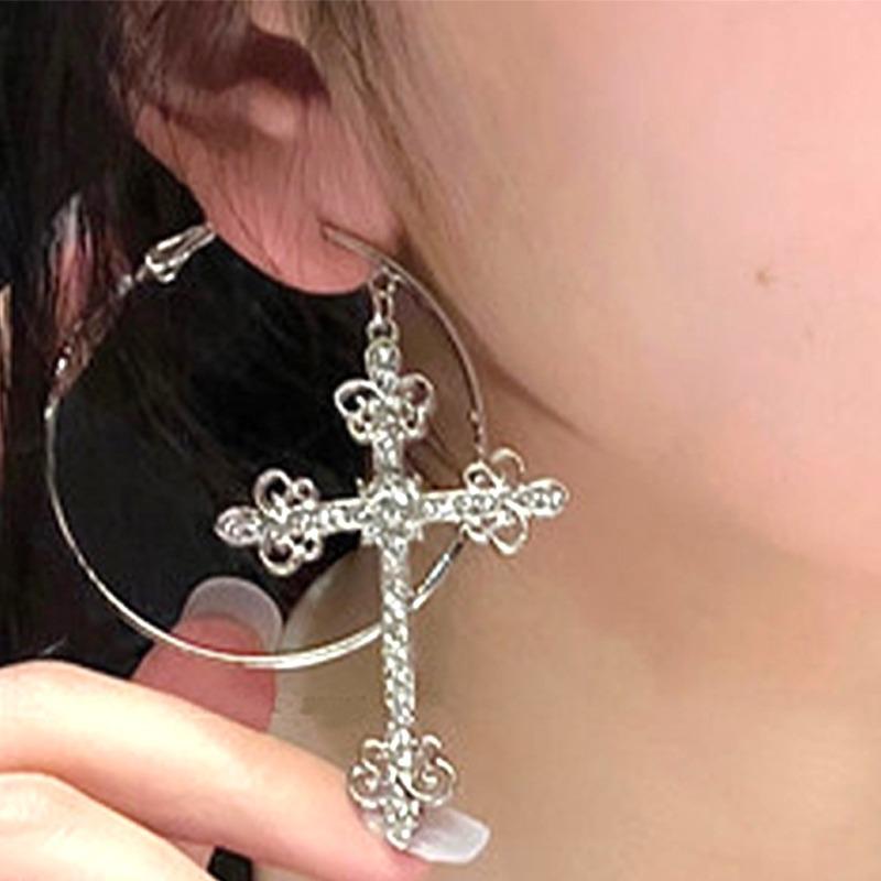 Retro Bling Crystal Cross Hoop Earrings Punk Aesthetic Luxury Korean Fashion Ears for Women Punk Jewelry Y2K Cool Stud Earrings