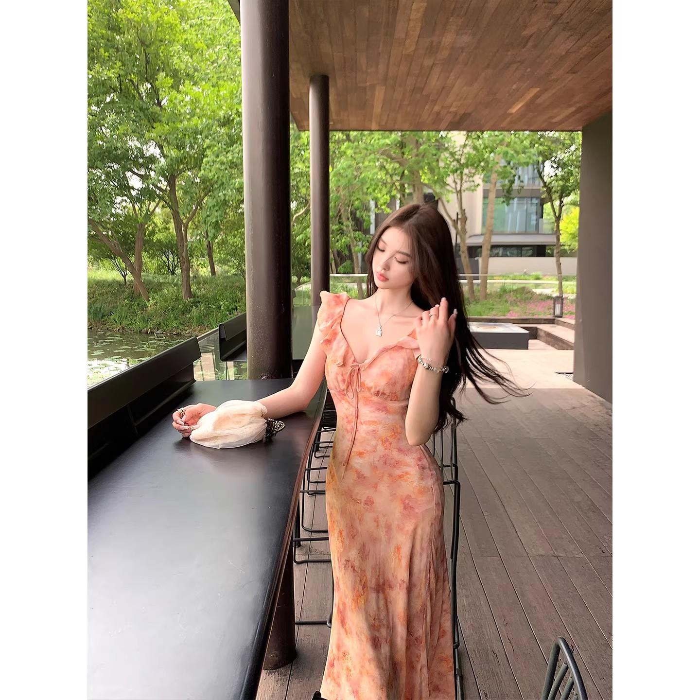 New ruffle leaf edge pink floral suspender dress, children s summer temperament v-neck waist-wrapped hip dress S
