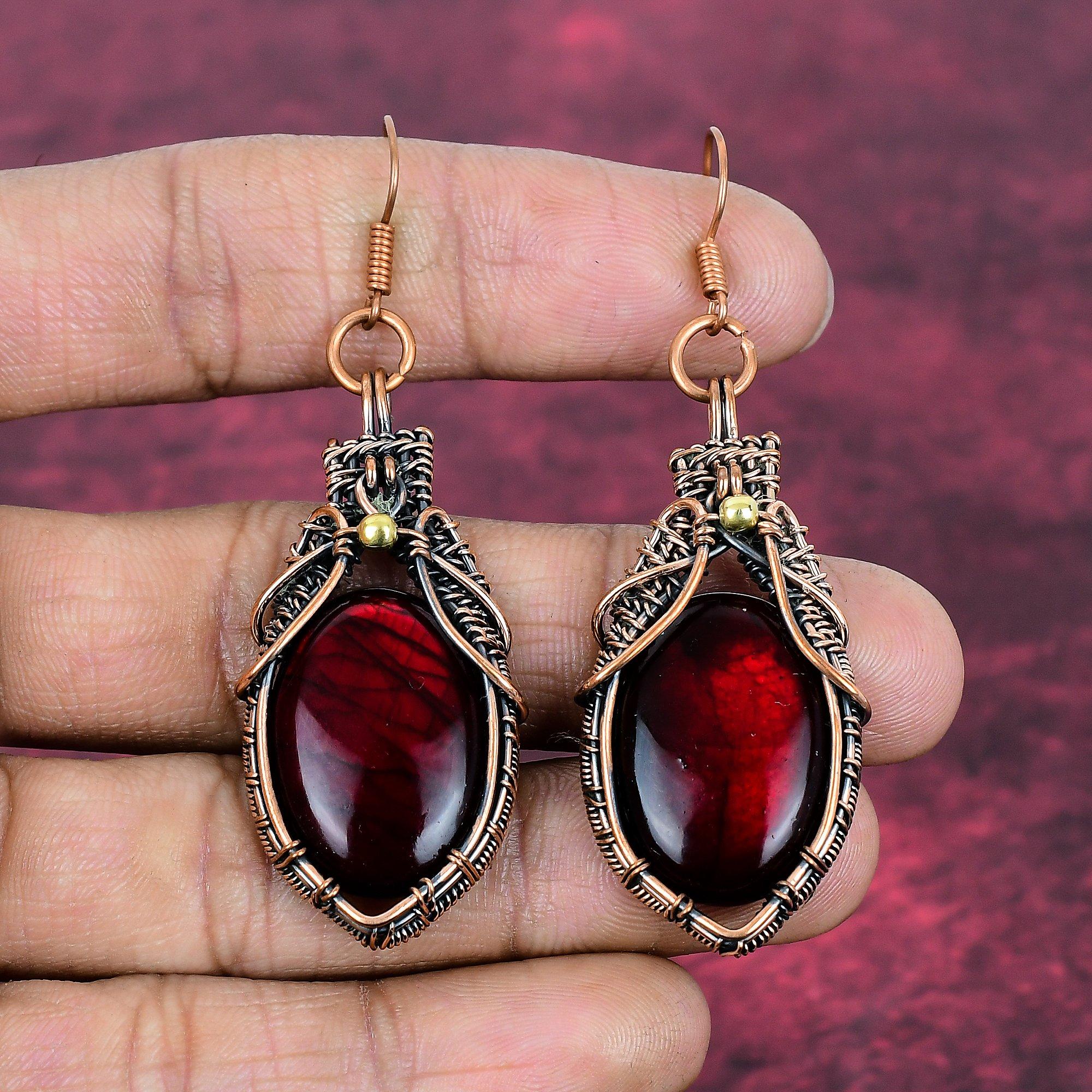 Red Fire Labradorite Earrings Copper Wire Wrapped Earrings Gemstone Jewelry