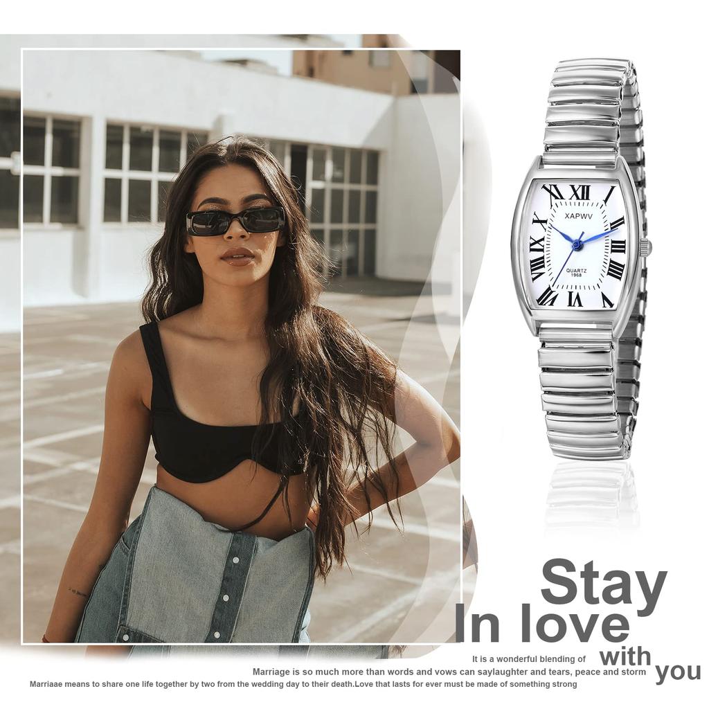 Watch Pair Couple Roman Alphabet Analog Display Square Antique Stylish Elastic Belt Pair Watch Quartz Watch Silver Fashion Accessories Birthday