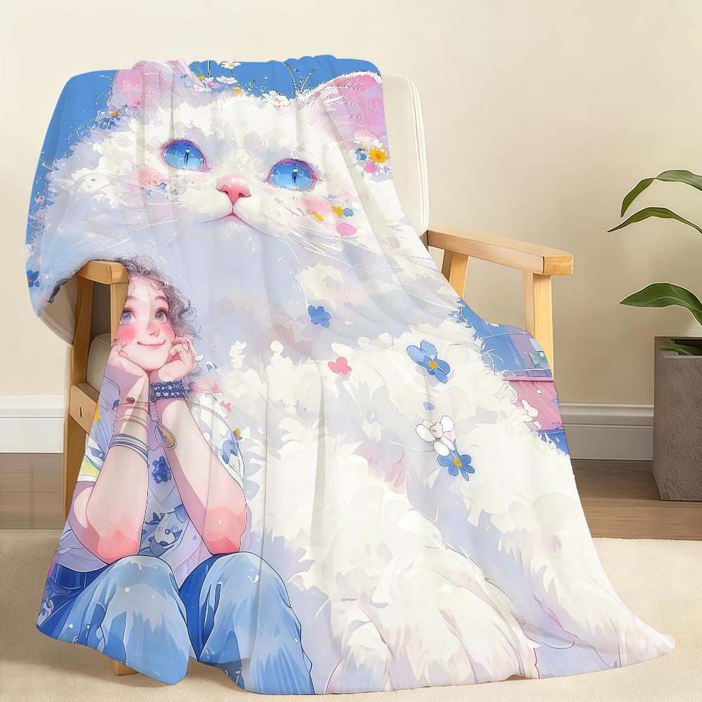Cute Girl White Cat Cartoon Blanket For Soft Throw Blanket for Picnic Bed Sofa Home Bedroom Cozy Warm Comfortable 75x90cm
