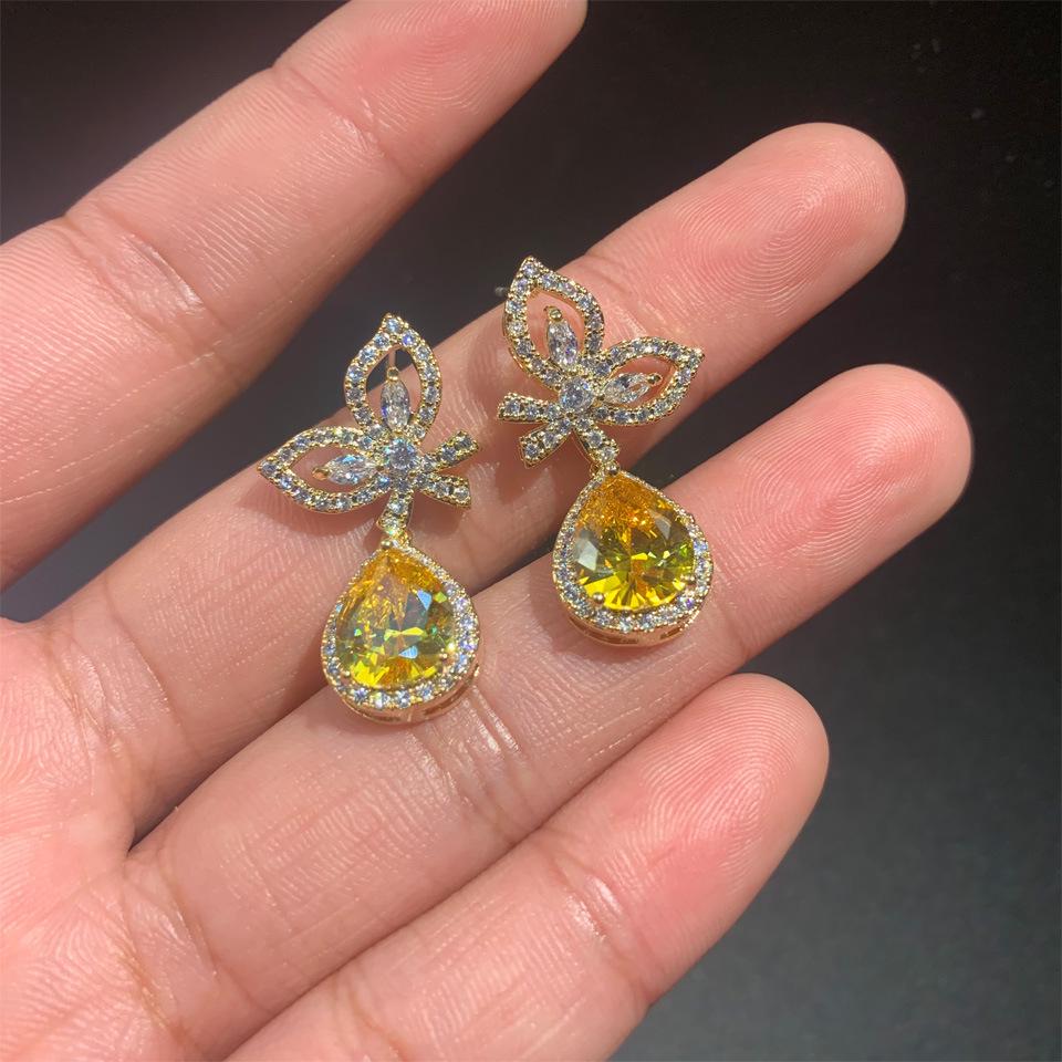 Micro Inlaid Zircon Yellow Water Drop Wings Long Earrings Female Needle Temperament Small Daily Bow for Women Jewelry Gift