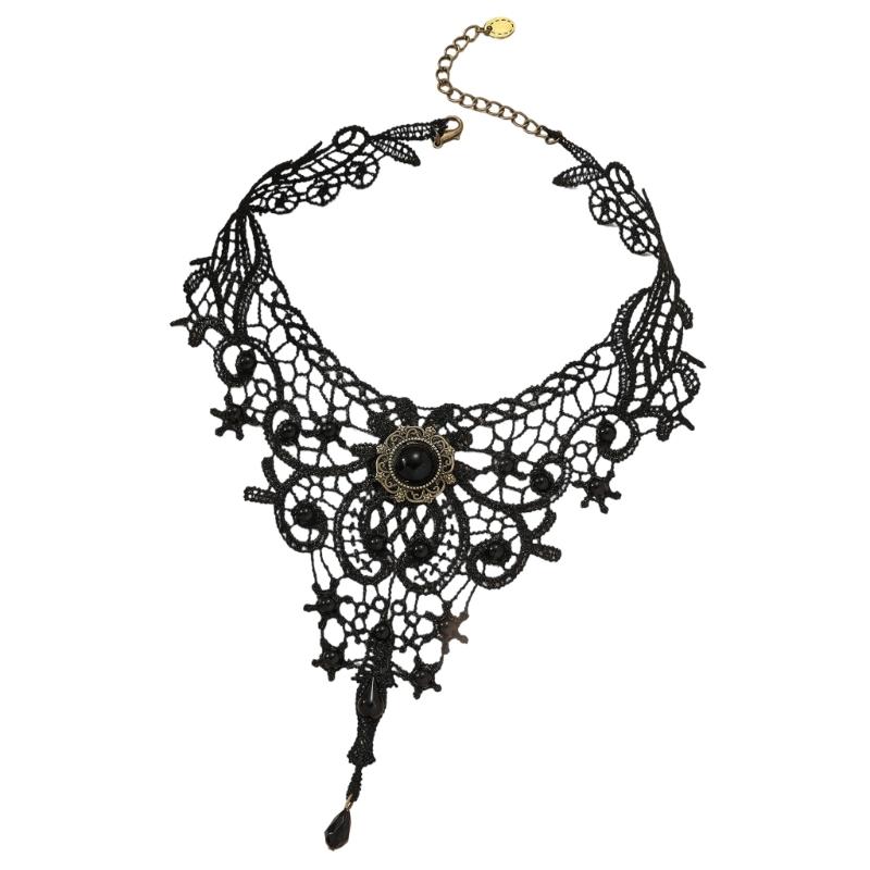 Gothic Lace Choker Necklace with Crystal for Women Girls Halloween Cosplay Party Custume Vintage Thick Choker Gifts