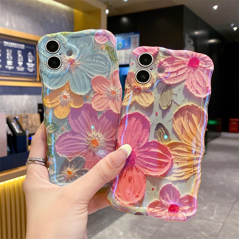 Luxury Fashion Flowers Laser Phone Case For iPhone 11 12 13 14 15 16 Pro Max Plus Glitter Diamond Soft Shockproof Bumper Cover