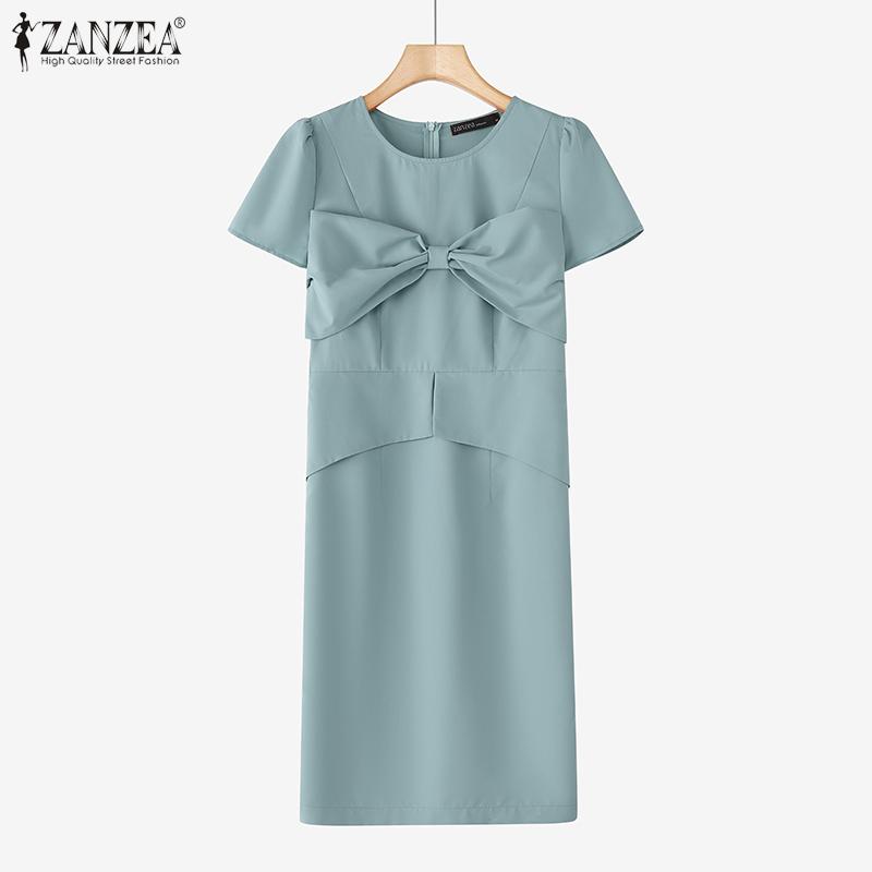 

ZANZEA Элегантное женское миди-платье с коротким рукавом, бантом и многослойной юбкой, повседневное, для офиса 5XL синий