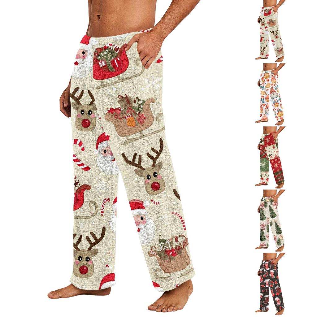 Pantalones de Pijama de Felpa con Estampado Navideño Casual para Hombre Ropa de Dormir para las Fiestas