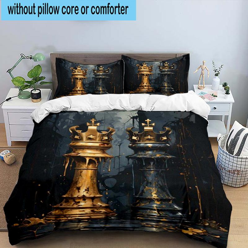 Golden Chess King On Black 3pcs Bedding,Including 1pc Duvet Cover And 2pcs Pillowcases Perfect for Christmas,Ideal for Bedroom, Dormitory
