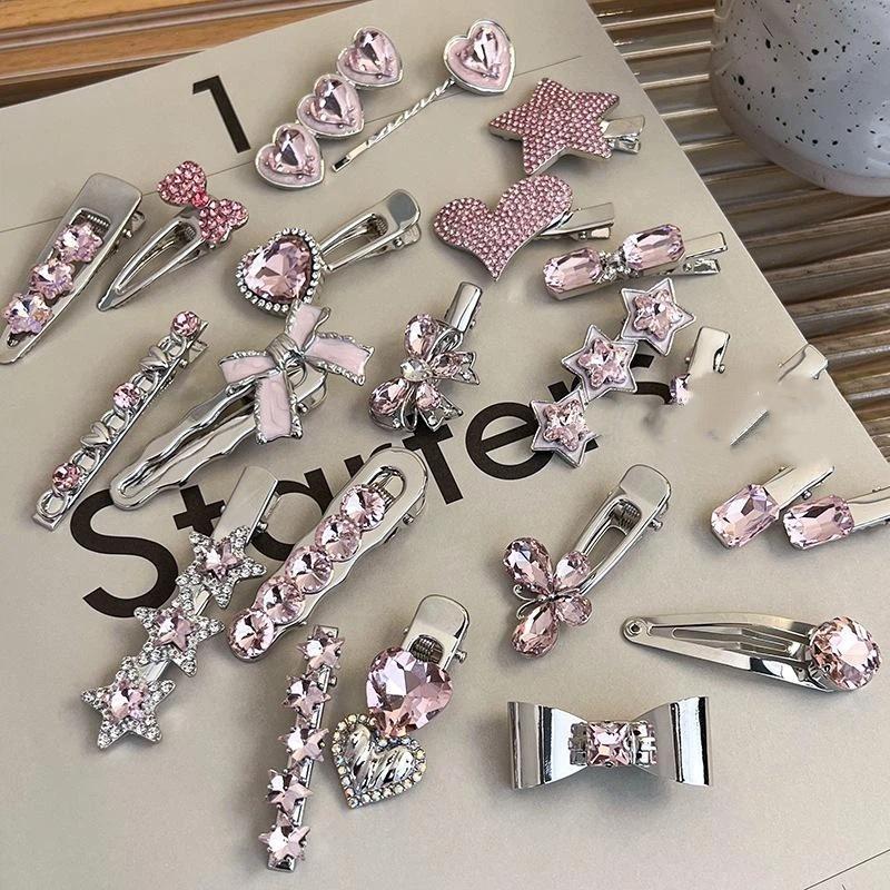 Fashion Luxury Crystal Hairpins Vintage Heart Pink Rhinestone Silver Hair Clips For Women Girls Sweet Barrettes Hair Accessories