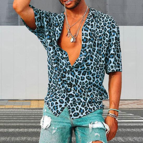 Pánská letní košile s krátkým rukávem s klopou Top Leopardí potisk Jednořadá tenká Havajská plážová košile pro volný čas Streetwear
