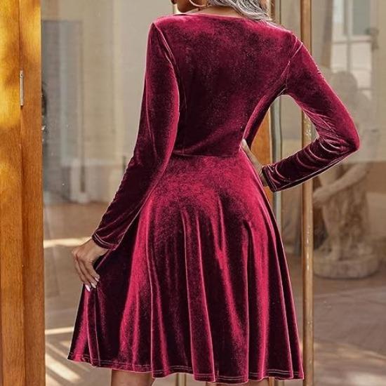 IHUASU Outono Inverno Vestido Veludo Manga Longa Decote Redondo Evasê Feminino Preto Verde