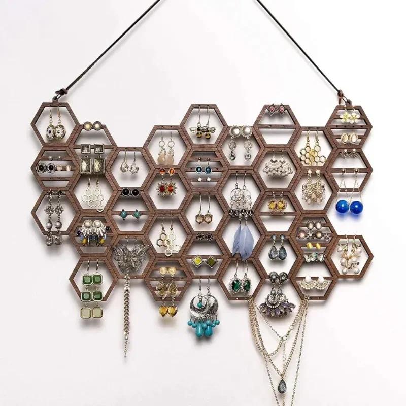Rustic Hanging Earring Holder,Honeycomb Earring Organizer Wall Mount Earring Display Wood Hanging Jewelry Organizer For Earrings
