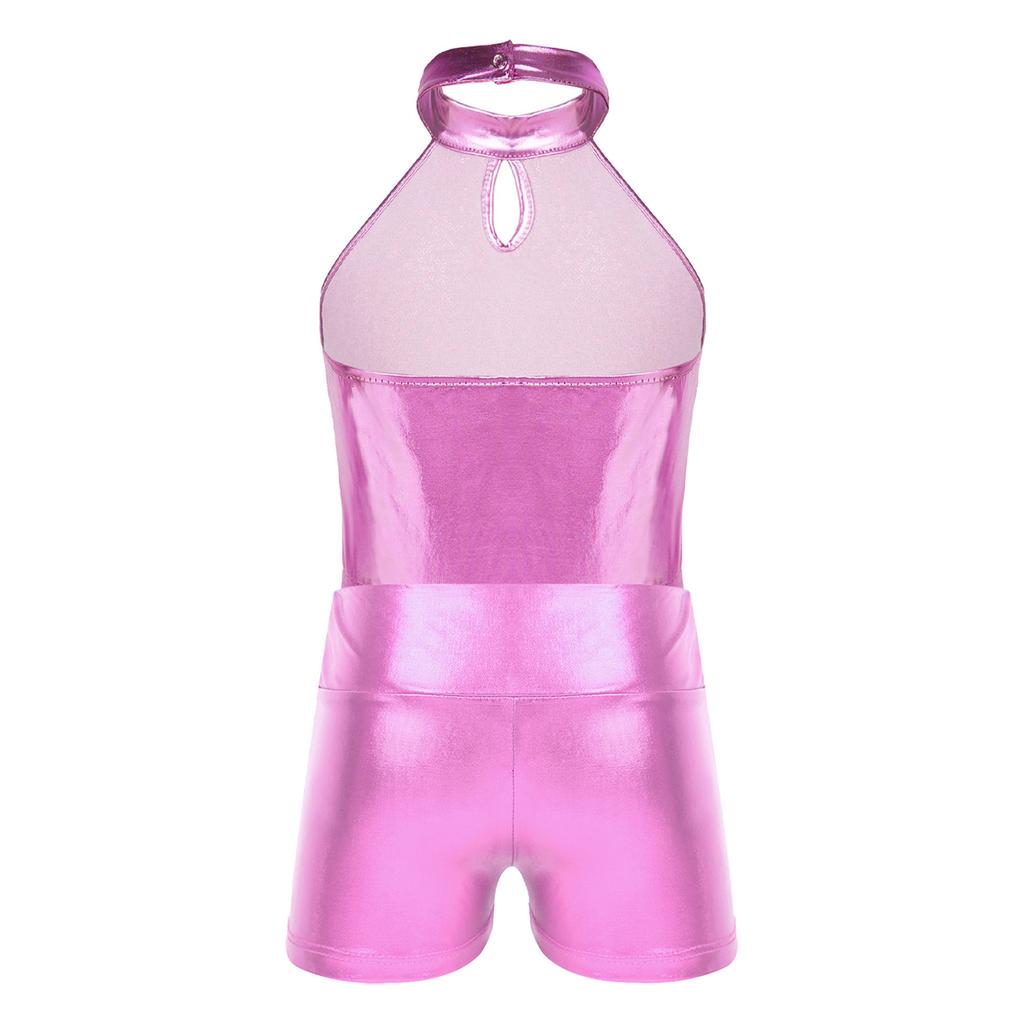 Meisjes Glanzende Pailletten Outfit Mouwloos Halternek Patchwork Ontwerp Leotard Metallic Hoge Taille Shorts Set