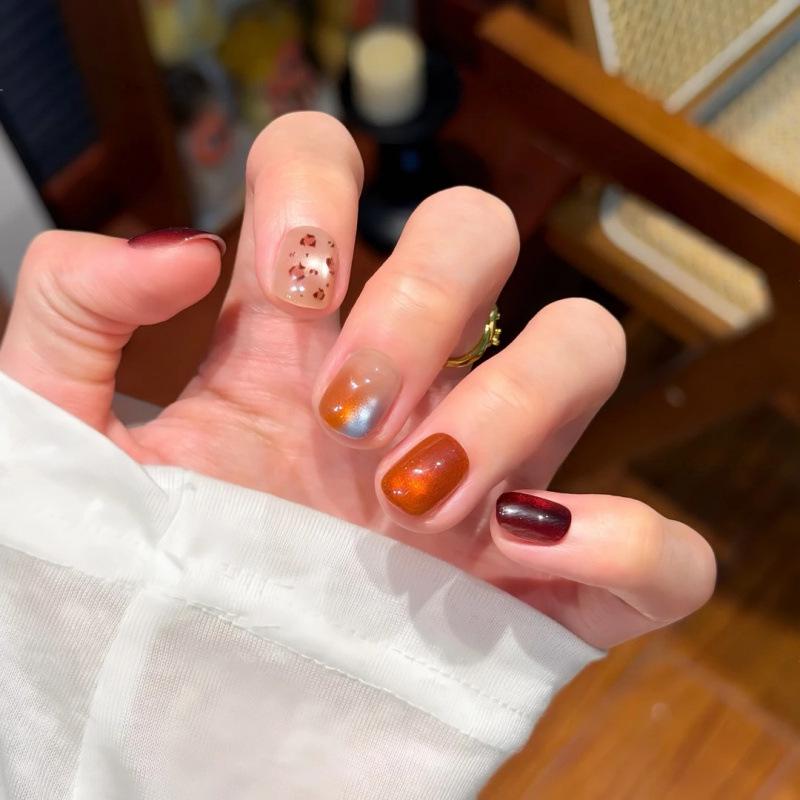 Brown Leopard Print Cat Eye Nail Art - Elegant Amber Maillard Color Palette