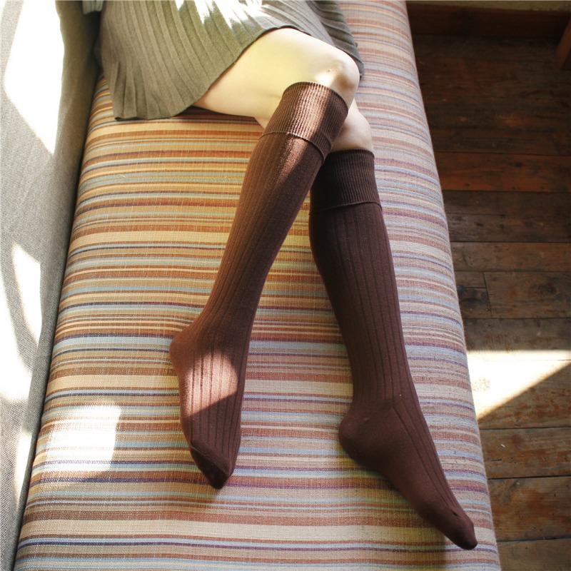Chaussettes mi-mollet à rayures verticales et couleur unie pour l'automne et l'hiver, Chaussettes pour femmes, Longues chaussettes en coton montant jusqu'aux cuisses, Chaussettes hautes verticales