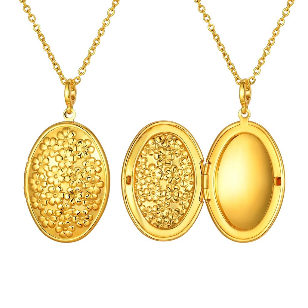 Oval Round Flower Locket Necklace that Holds Pictures Photo Locket Pendant Gifts for Women