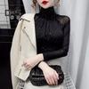 Women Long Sleeves Top Sexy Black Vintage French Pleated Mock Turtleneck Solid Color Slim Fit Soft Stretch Ladies Female Long Sleeves Shirt Undershirt