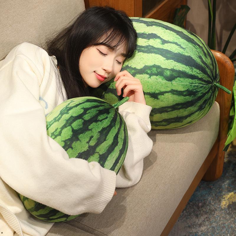 Long  Round Green Watermelon Plush Toy Stuffed Fruit Pillow Like Real Lumbar Back Support Plushie Home Decor Present