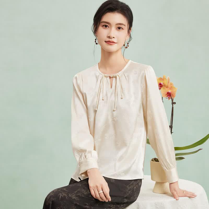 

New Chinese Style Long-Sleeve Mulberry Silk Jacquard Blouse XL