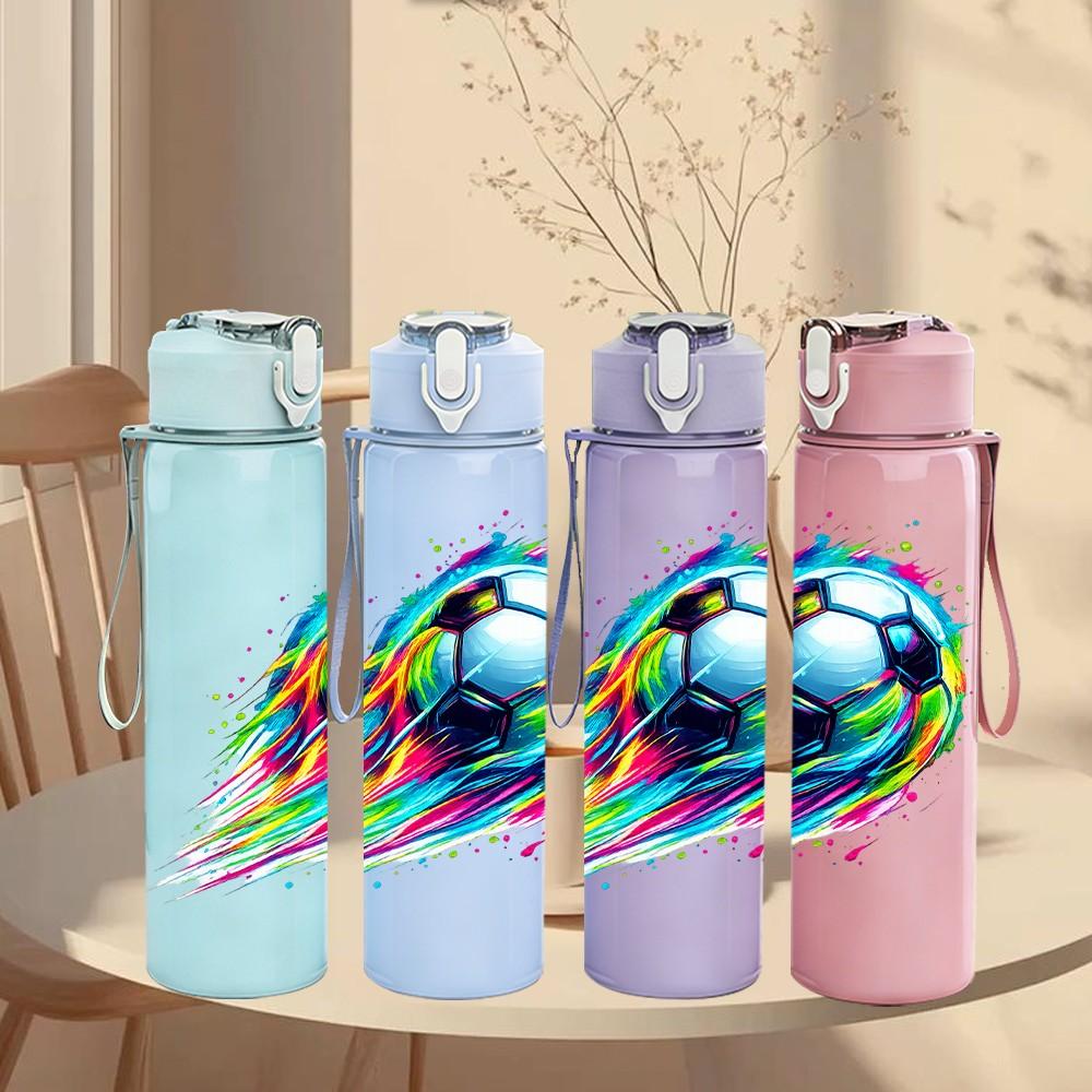 1PC Rainbow Trail Soccer Ball Print 750ml Color Plastic Sports Water Bottle Leakproof Flip Straw Lid Suitable for Sports Office Home Use