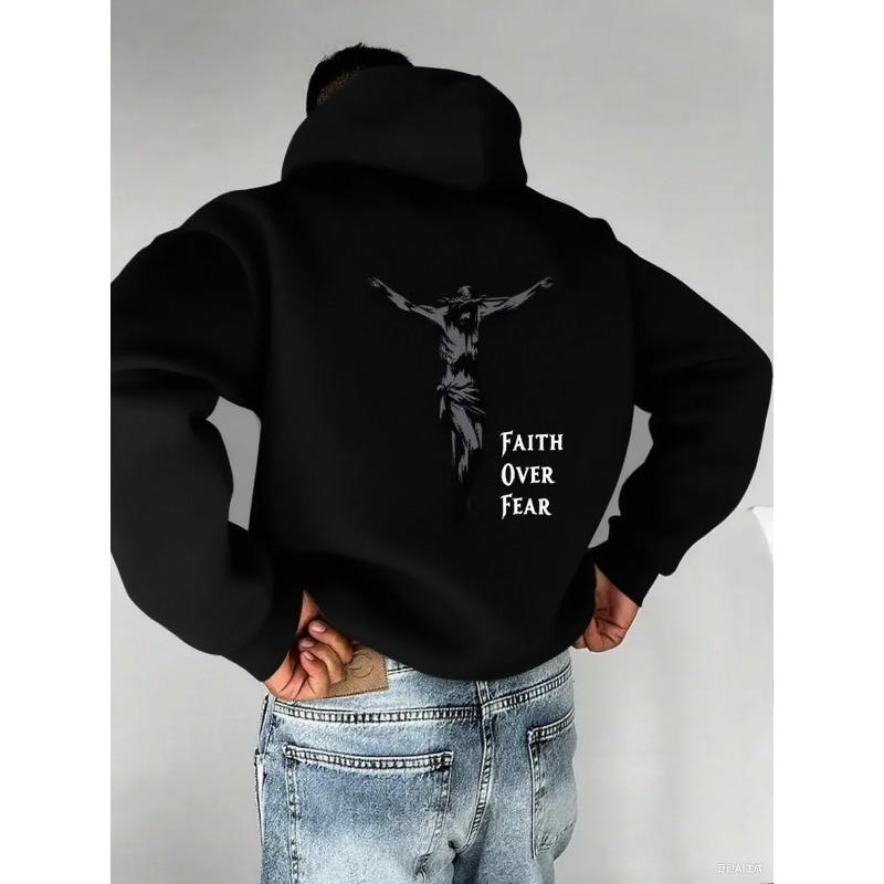 "Christian Faith Overcomes Fear" Cross Print Men Women Hooded Sweatshirt Autumn Winter Daily Outdoor Fitness Casual Sportswear