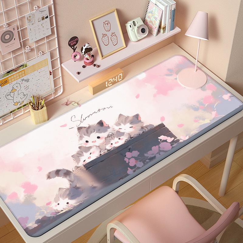 Extra Large Cute Cat Cartoon Mouse Pad with Stitched Edges - Aesthetic Desk Mat for Girls