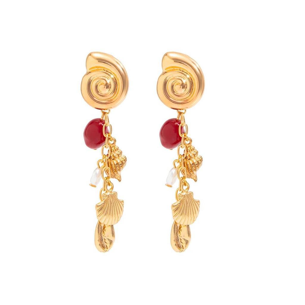 Salircon 1 Pairs Boho Metal Conch Drop Earrings Women Summer Imitation Pearl Resin Beads Tassel Piercing Ear Accessories Jewelry