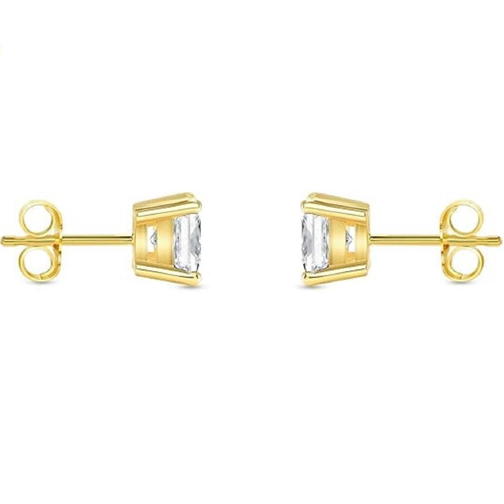 Jewels Prim 2 Ct Princess Created Diamond Earrings Studs Real 14K Yellow Gold Basket Push