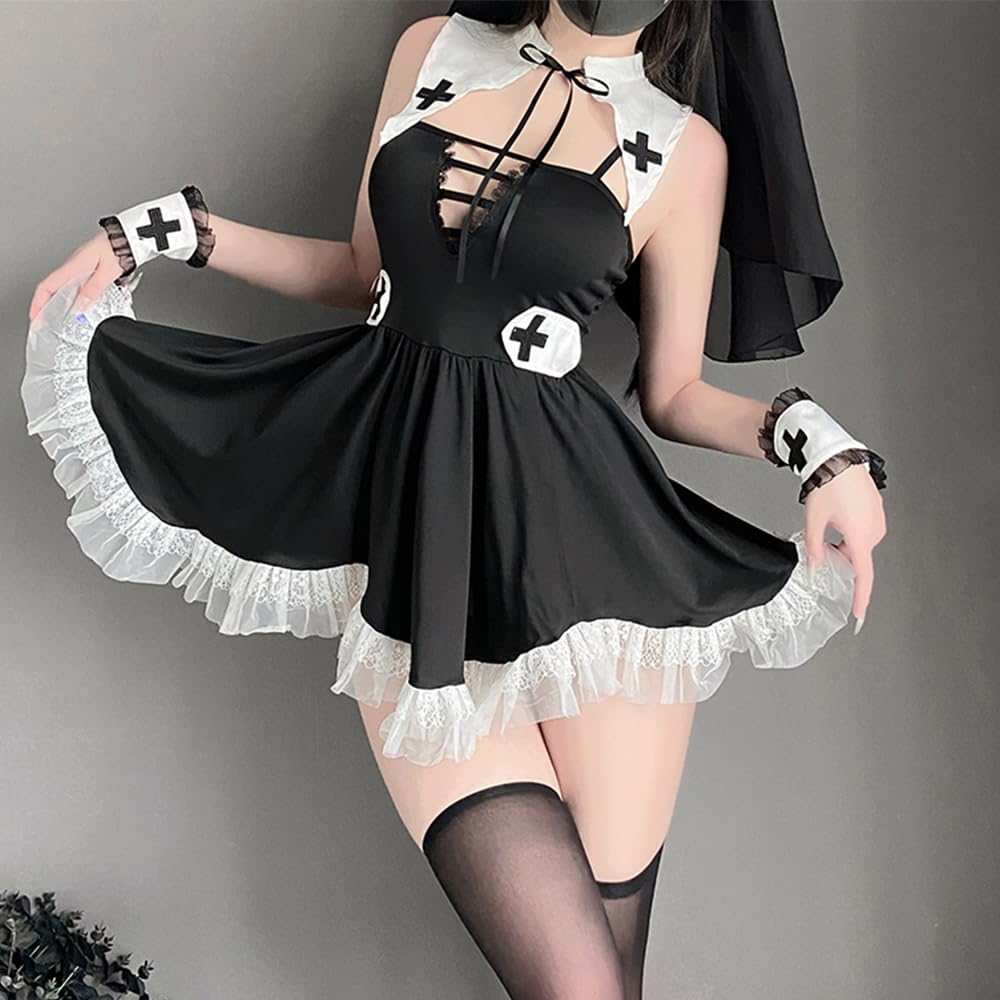 Sister Nun Sexy Open Chest Sleeveless Hooded Cosplay Costume Erotic Lace Extreme Exposure Saint Church Pastor Choir Halloween Costume Stockings