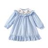 Girls Blue Plaid Smocked Dress With Cartoon Rabbit Embroidery Long Sleeve Cotton Heavy Craft Spring Autumn Kids Dress