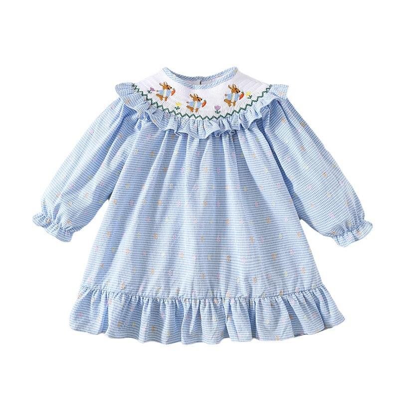 Girls Blue Plaid Smocked Dress With Cartoon Rabbit Embroidery Long Sleeve Cotton Heavy Craft Spring Autumn Kids Dress
