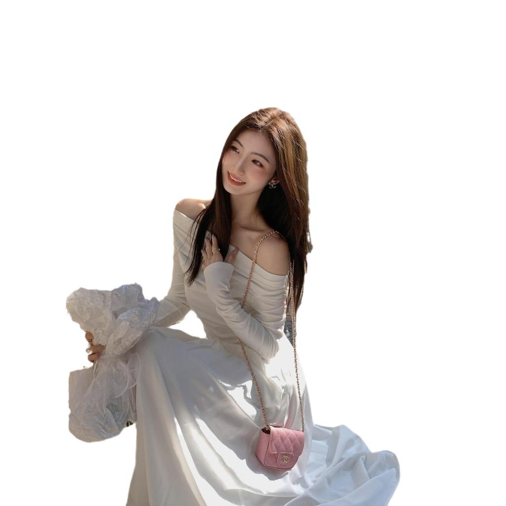2023 Luxury One-Shoulder White Long-Sleeve Autumn Dress for Women