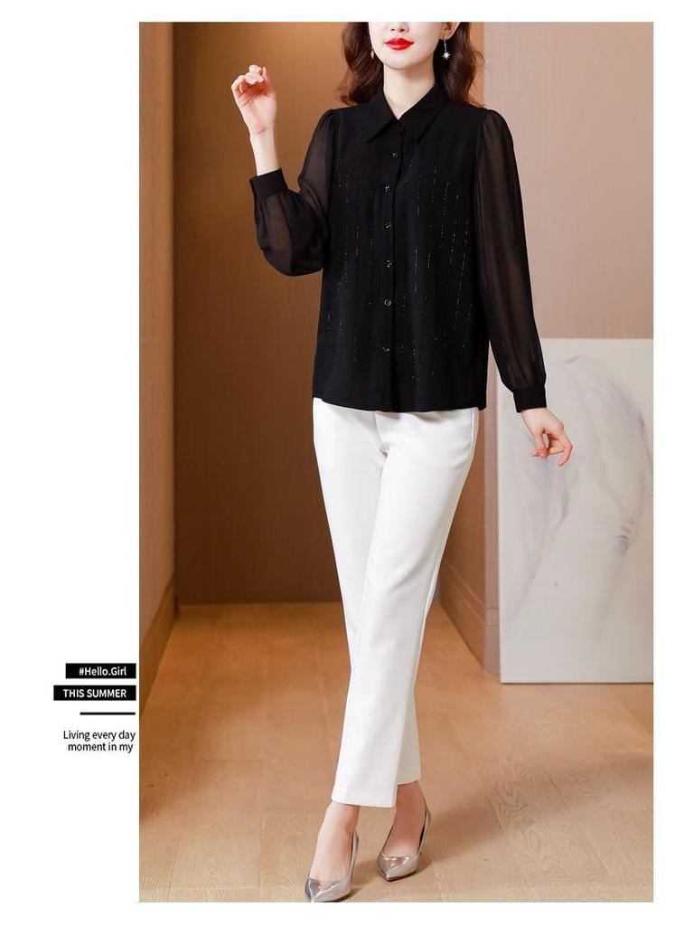 Damen Bluse aus schwarzem Chiffon mit langen Ärmeln - Eleganter Frühfrühlings-, Herbst- und Winterstil 2023.