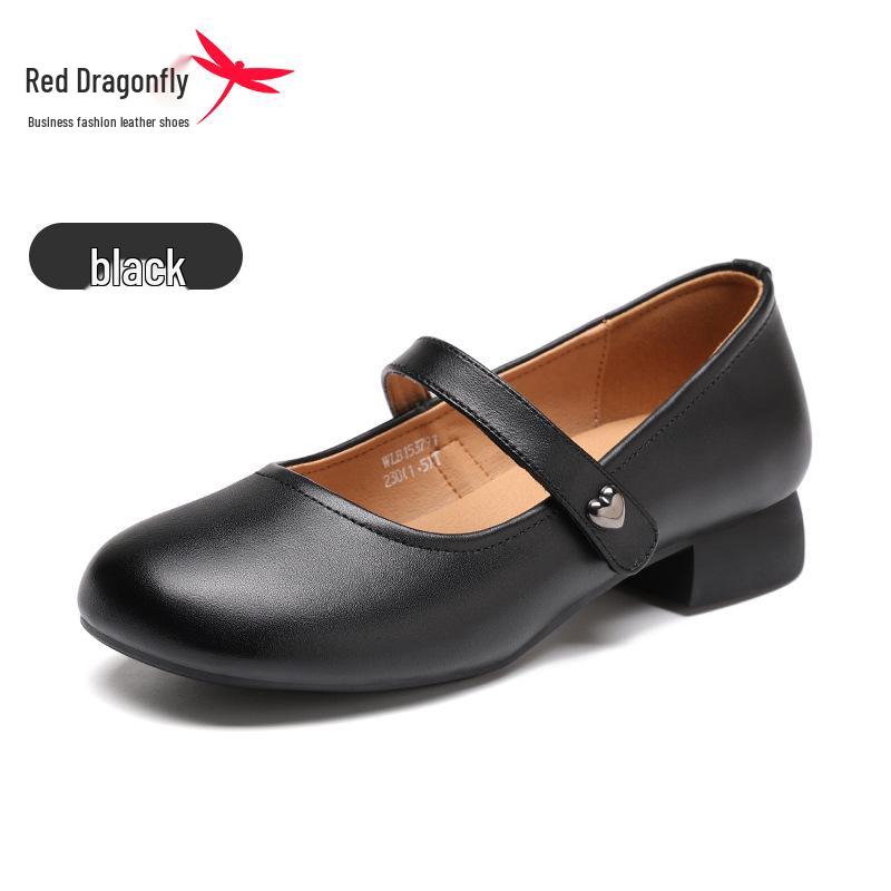 Red Dragonfly Women s Chunky Heel Leather Mary Janes, French Style Soft Surface, Low Heel, Perfect for Spring and Autumn Skirts. 37 чёрный