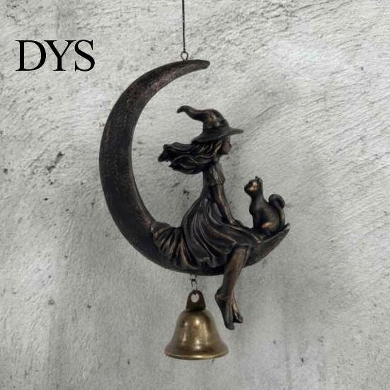 Halloween Witch Wind Chimes And Black Cat Moon Chime, Vintage On Crescent Festive Haunted House Accessories Hanging Bell, Gothic Ornament for