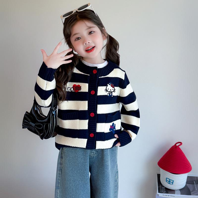 Girls' 2025 Autumn Knitted Cardigan Coat with Cat Cartoon Stripes