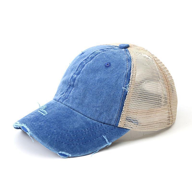 Summer New Design  Hat  Trucker Hat for Ponytail  Mesh Washed Denim Distressed Ponytail Hat Women