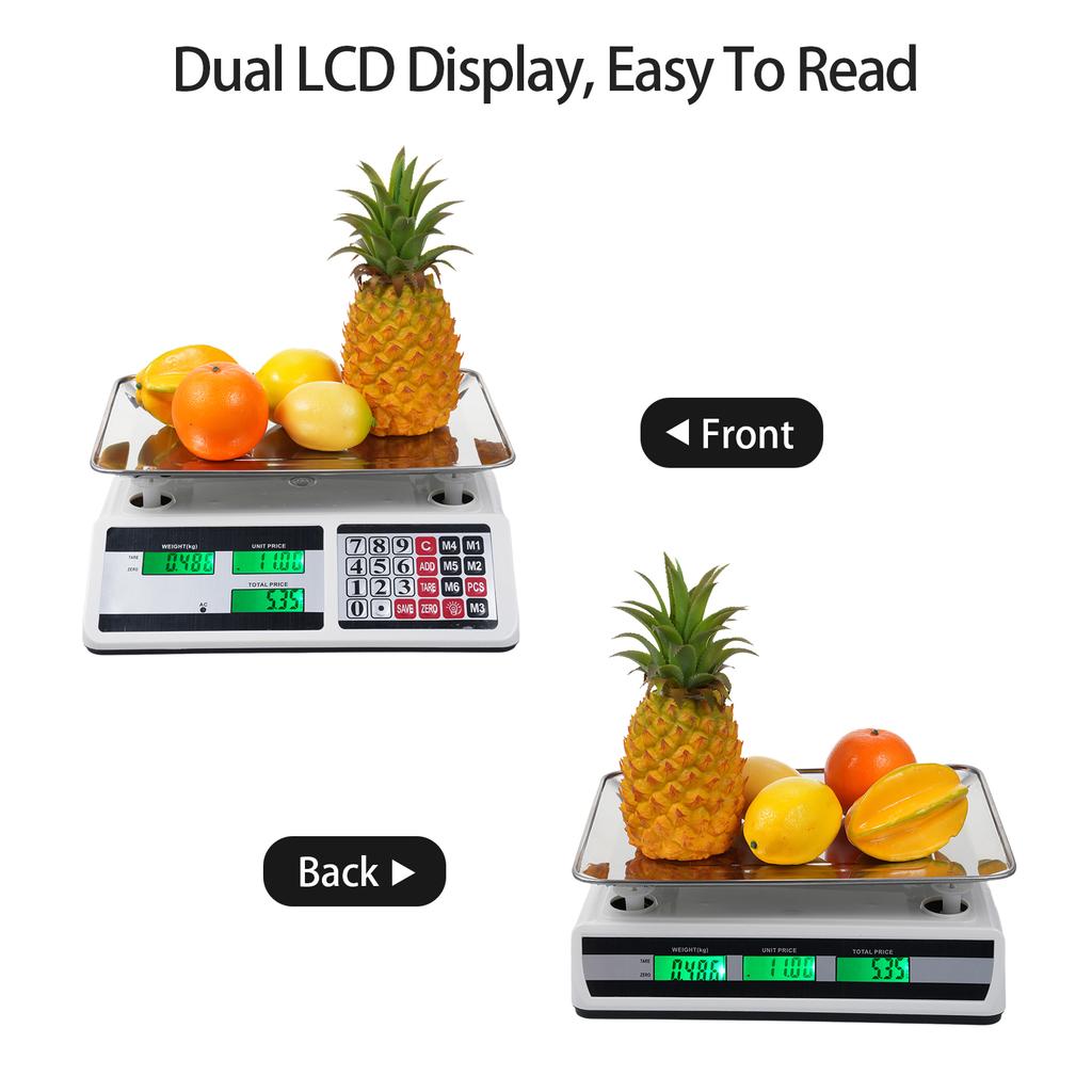 40KG Digital Price Scale Electronic Price Computing Scale with Stainless Steel Large Platform Dual LCD Display Big Button for Fa