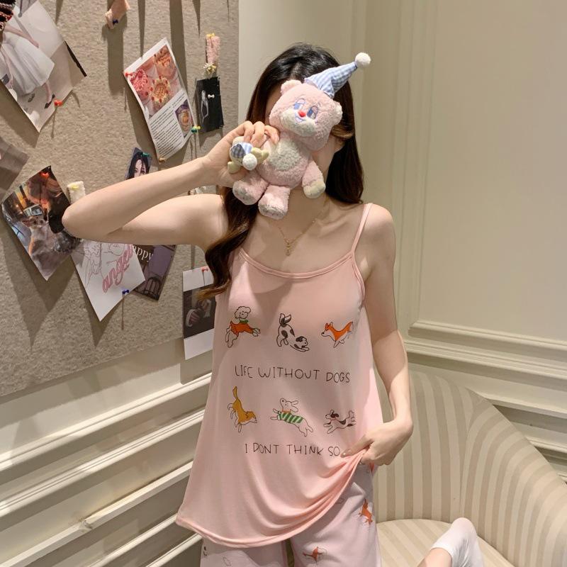 Women's Cartoon Camisole Tank Top Pajamas Set with Chest Pads - Summer Home Wear for Girls with Shorts