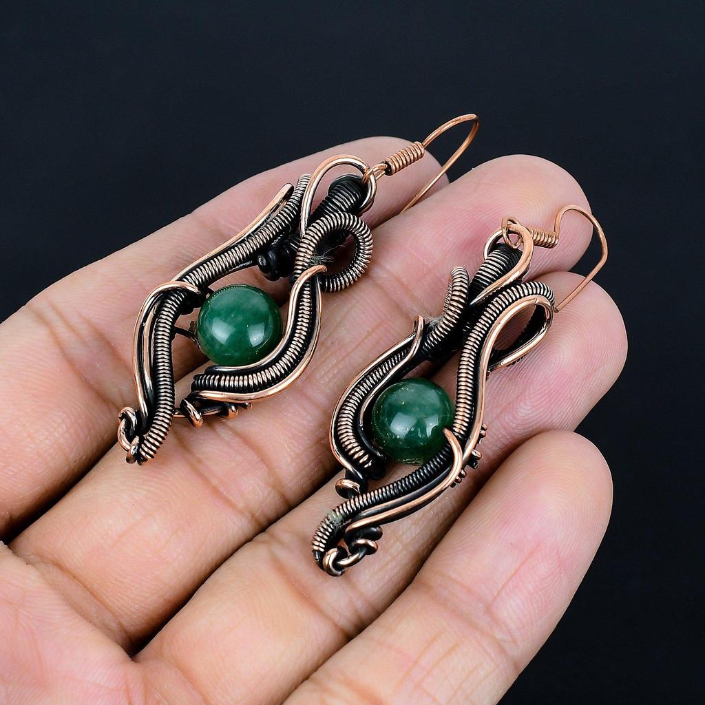 Aventhurian 999 Copper Wire Wrap Jewelry Earrings, Handmade Gemstone Earrings Jewelry, Gifts For Wife Brand New Earrings
