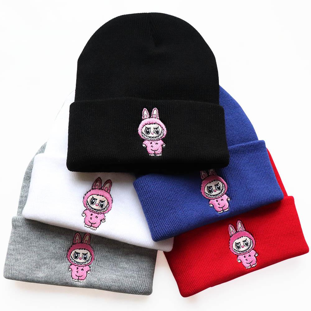 Autumn and winter trendy cartoon knitted hats for men and women, Labubu labu Embroidered knitted hat, warm hat