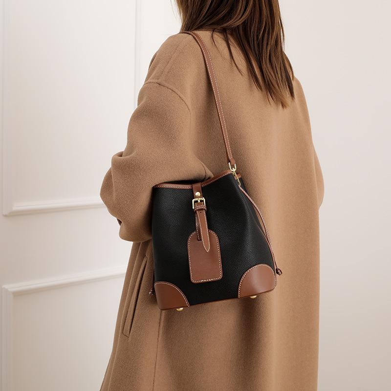 Genuine Leather Color Matching Bucket Bag Ladies Hand Bags New Trendy and Versatile Women's Bag Niche Leather Bag