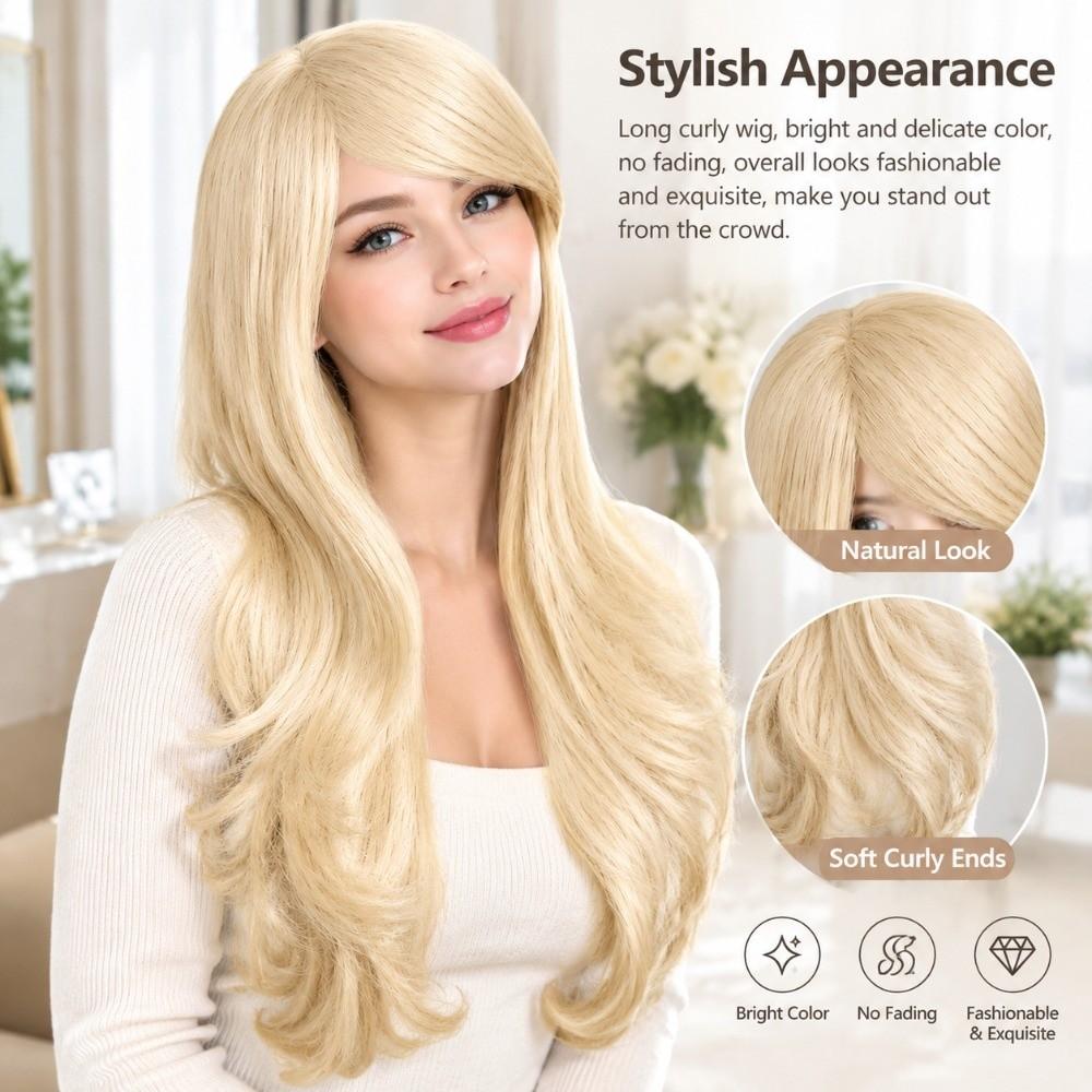 Light Gold Curly Wavy Wig Long Length Costume Wig Premium Long Cosplay Wig  For Women