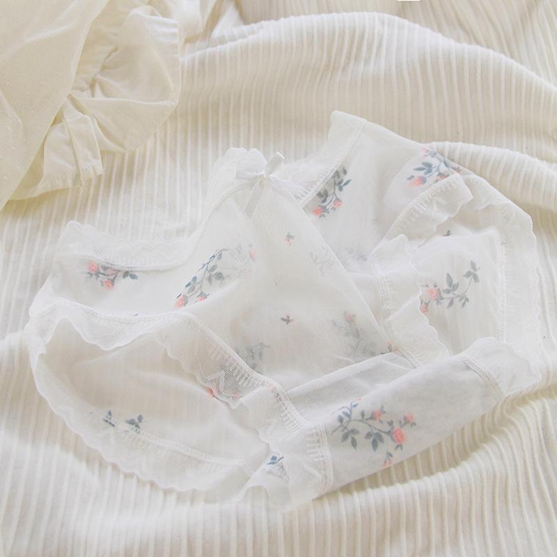 Women's Mid-Waist Lace Mesh Panties with Black Edge and Bow