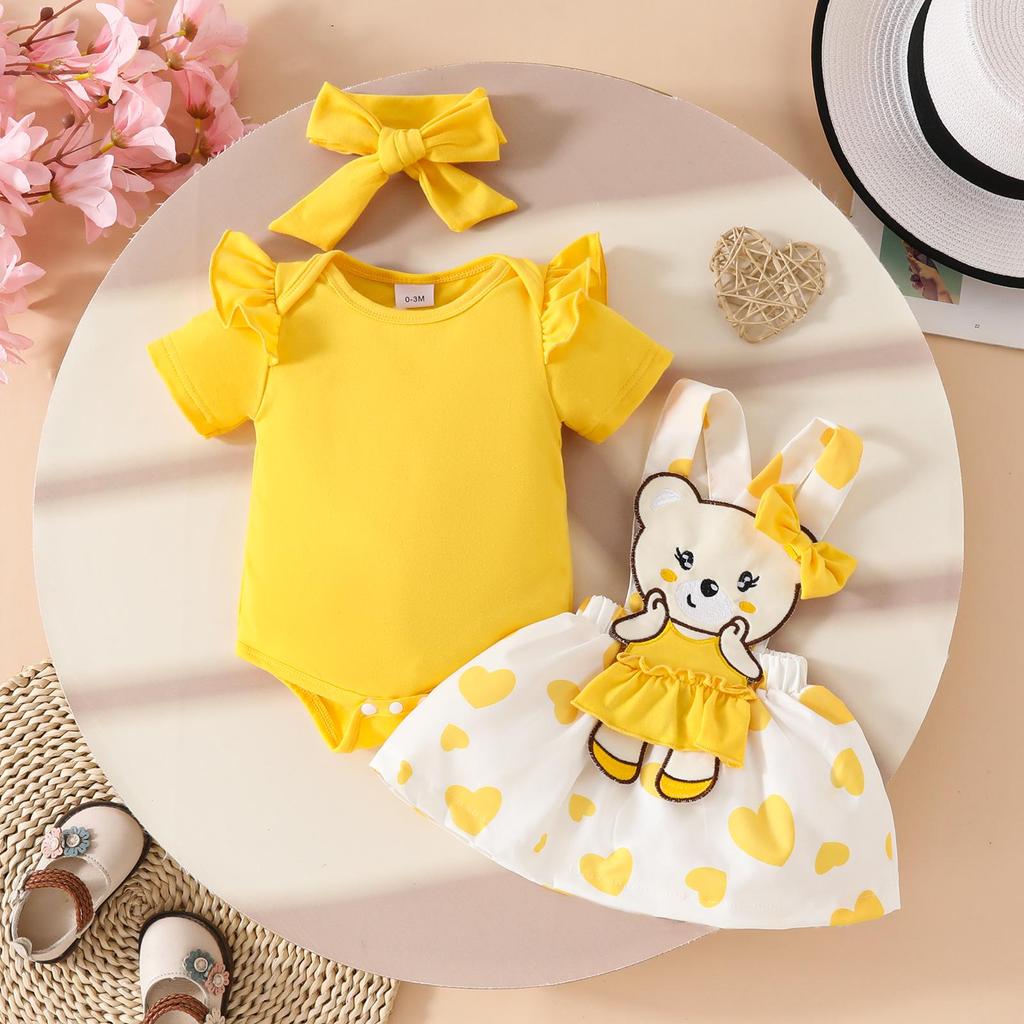 Sweet Cartoon Bear Baby Girl Summer Skirt Set - Includes Solid Color Short-Sleeved Top, Suspender Skirt, and Hairband.