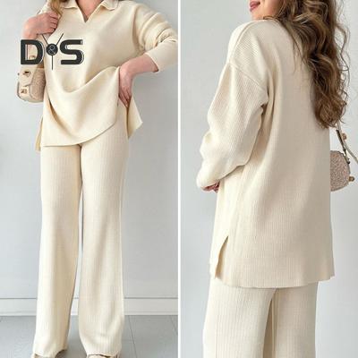 Ensemble de 2 pièces en tricot pour femme, haut à manches longues et col en V, taille haute, pantalon à jambes larges, vêtements décontractés pour la maison, pyjama, ensemble de survêtement d'automne et d'hiver