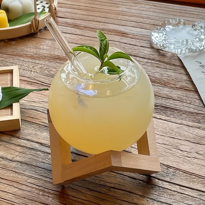 Cocktail Glass Cup with Wood Stand Creative Lunar Round Shape Drink Cup with Straw Christmas Cups Iced Coffee Cups Drinkware