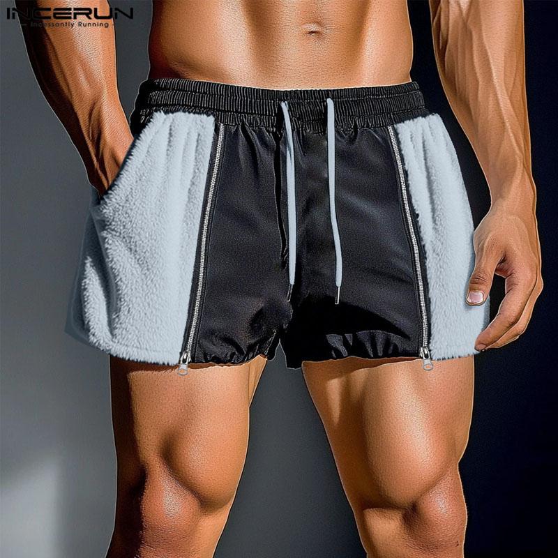 INCERUN Men Drawstring Elastic Waist Furry Patchwork Home Wear Mini Shorts