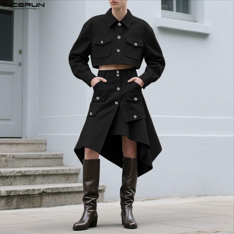 INCERUN Women Men Long Sleeve Cropped Tops and Irregular Skirts Sets Outfits