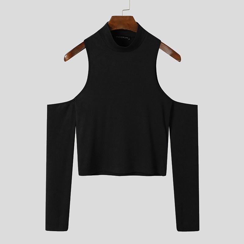 Fashion Men T Shirt Turtleneck Long Sleeve Off Shoulder Streetwear Solid Camisetas Hollow Out Casual Sexy Crop Tops
